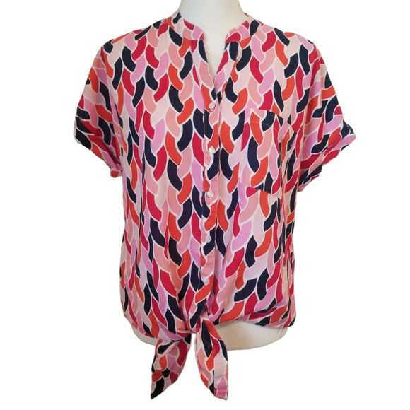 Charger Club Luxury Linen multicolor button down Short-sleeve Top Blouse - Picture 2 of 6